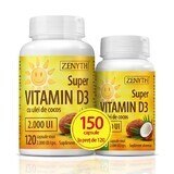 Pachet Super Vitamina D3 cu ulei de cocos 2000UI, 120 + 30 capsule, Zenyth