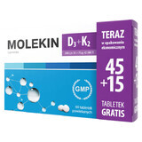 Molekin D3 + K2, vitamine D 2000 IE + vitamine K 75 µg, 45 omhulde tabletten + 15 gratis tabletten