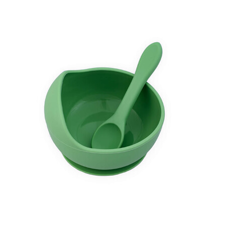 Bol avec ventouse et cuillère en silicone, vert pâle, Oaki