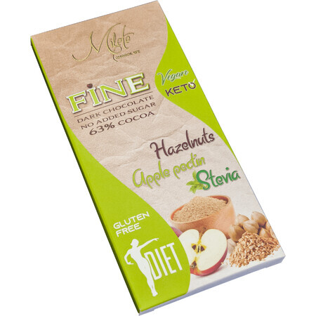 Pure dieetchocolade met appels, hazelnoten en stevia, 63% cacao, 80 g, Milete