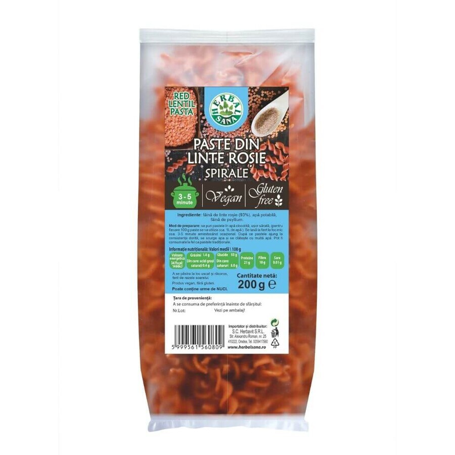 Pâtes aux lentilles rouges, spirales, 200 g, Herbal Sana