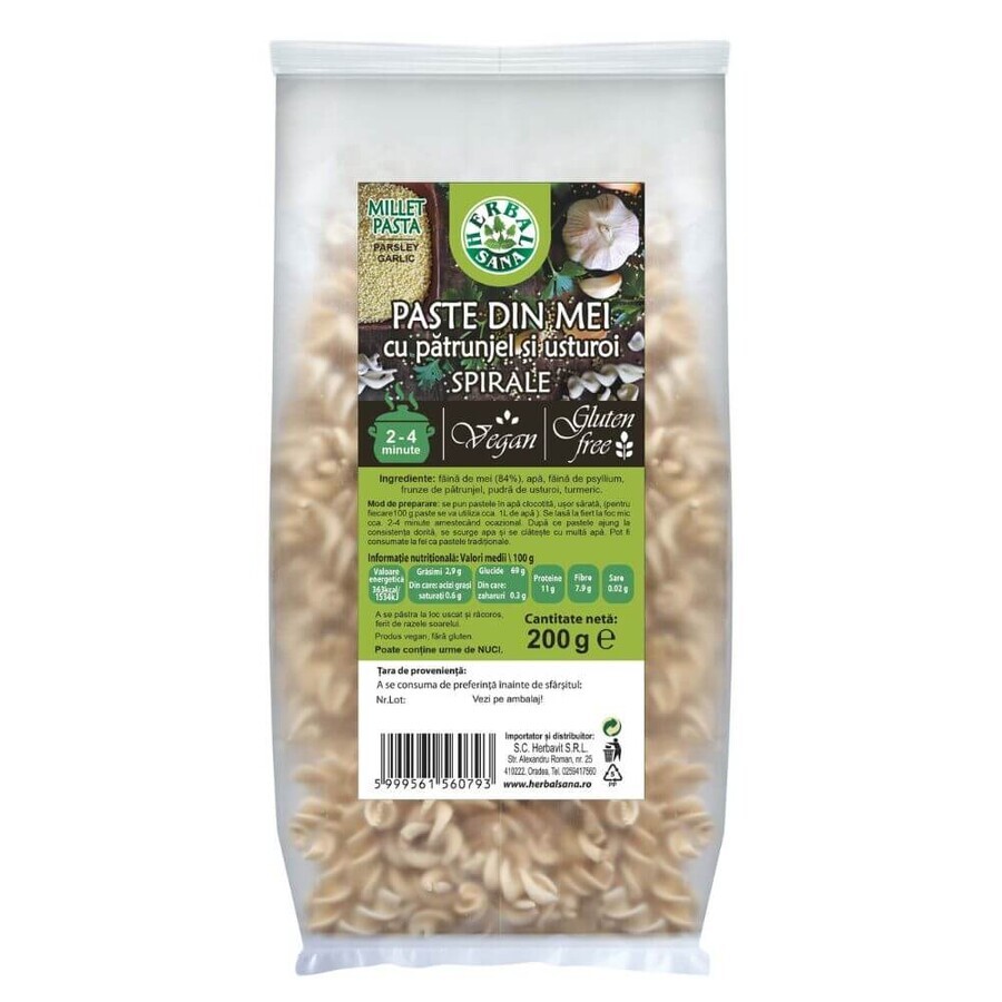 Hirse-Nudeln mit Petersilie und Knoblauch, Spiralen, 200 g, Herbal Sana