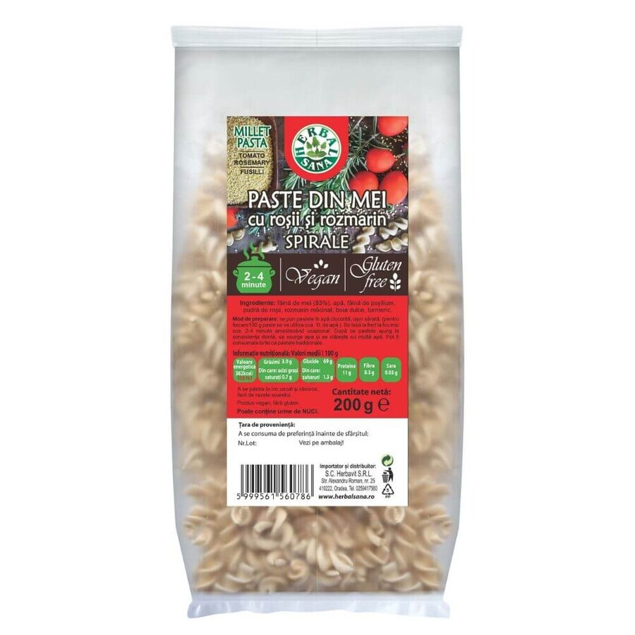 Gierstpasta met tomaten en rozemarijn, spiralen, 200 g, Herbal Sana