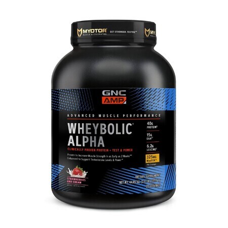 Gnc Amp Wheybolic Alpha Myotor, Proteína de suero de leche con sabor a fresa y nata montada, 1271.6 G