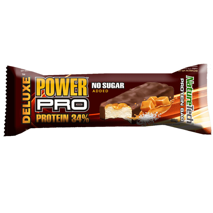 Sugar Free Energy Bar with 34% Protein and Salted Caramel Power Pro, 80 g, Nature Tech