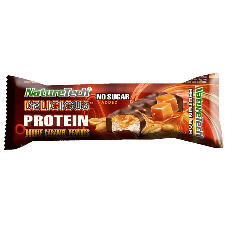 Barretta energizzante senza zucchero con doppio caramello e deliziose nocciole, 60 g, Nature Tech