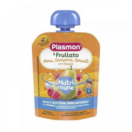 Nutrimune pear, raspberry, cereal and yoghurt puree, 85 g, Plasmon