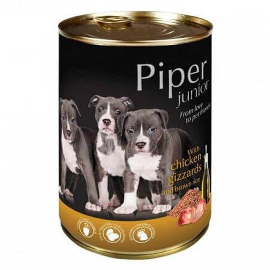 Natvoer met kippenmaag en bruine rijst voor honden, 400 g, Piper Junior