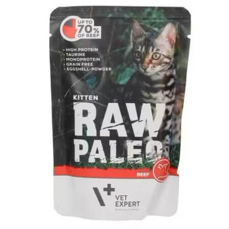 Comida húmeda con buey para gatos esterilizados Raw Paleo, 100 g, VetExpert