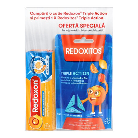 Redoxon Triple Action Vitamin C, D und Zink Pack, 10 Tabletten + Redoxitos Triple Action Vitamin C Jelly 30 mg, 25 Stück, Bayer