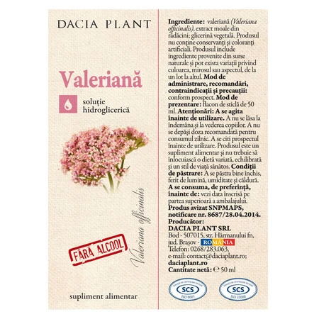 Natural Valerian extract without alcohol, 50 ml, Dacia Plant
