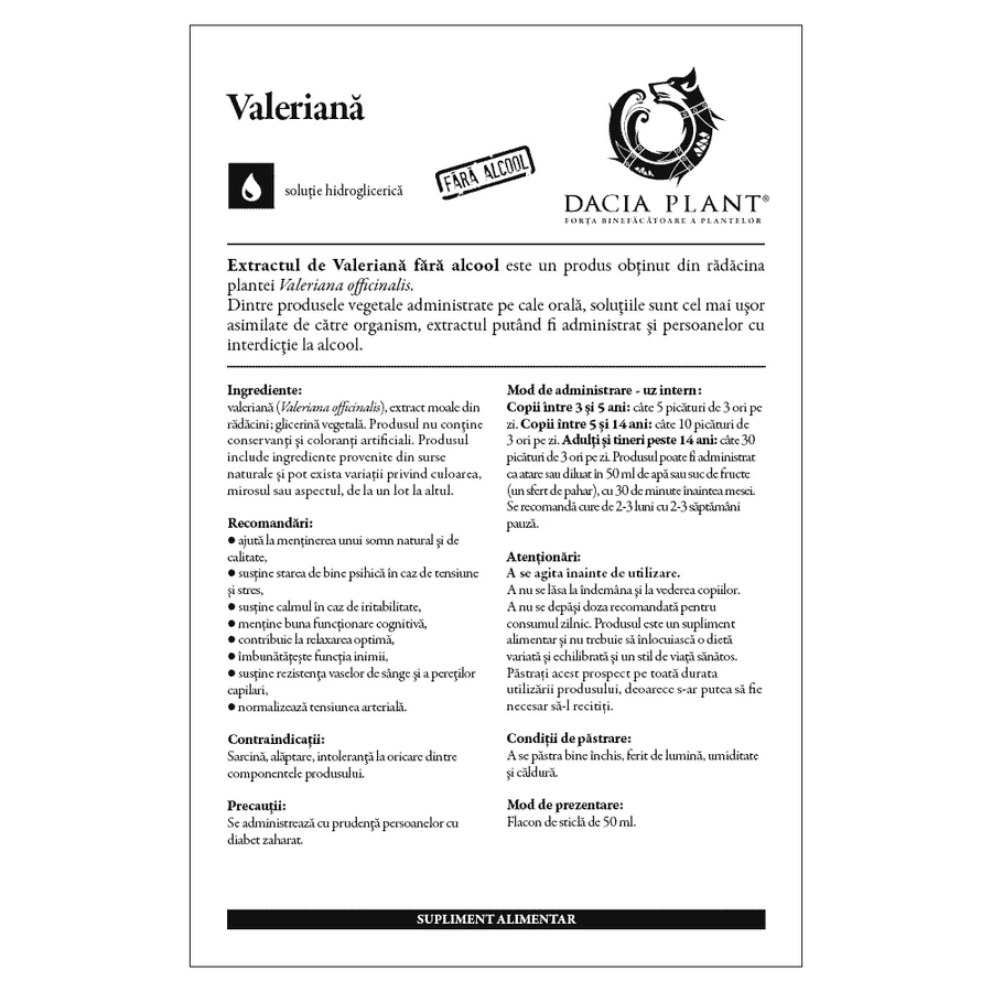 Natural Valerian extract without alcohol, 50 ml, Dacia Plant