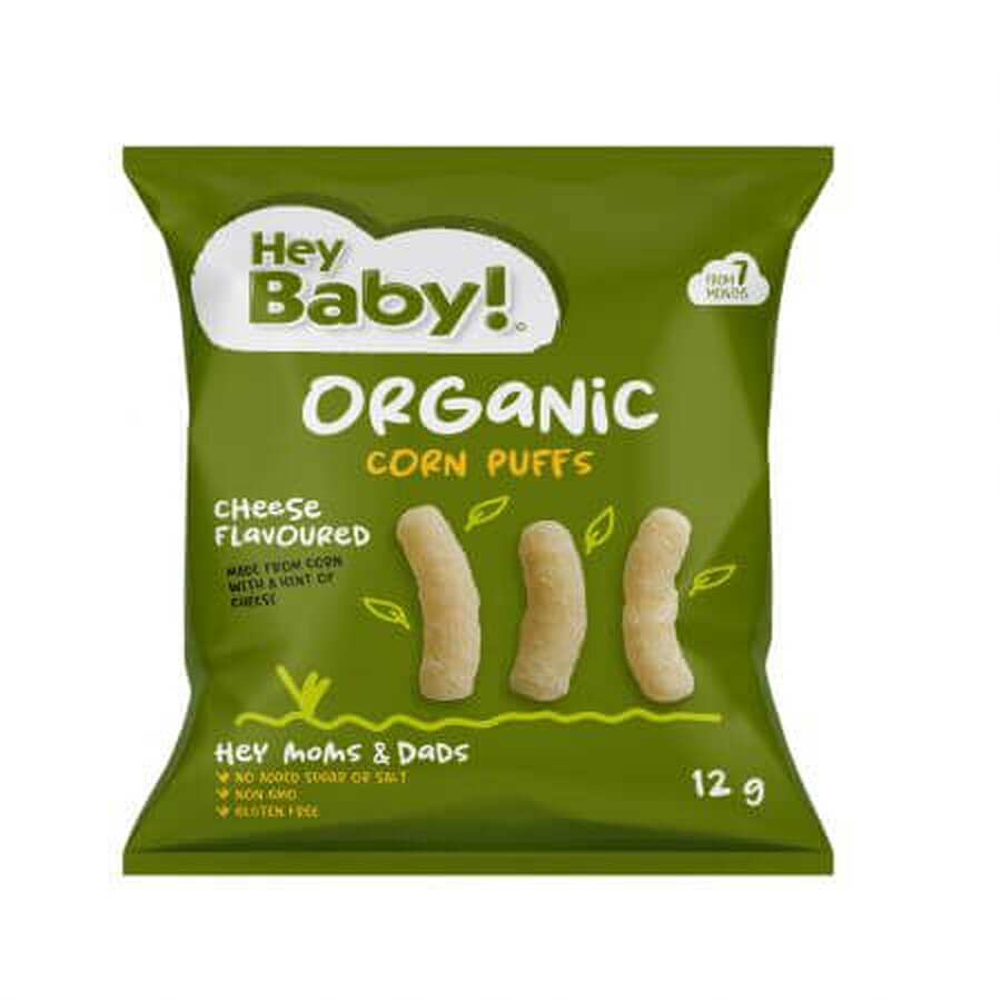 Pufuleti Bio din porumb cu aroma de branza Organic Puff, 7 luni+, 12 g, Hey Baby