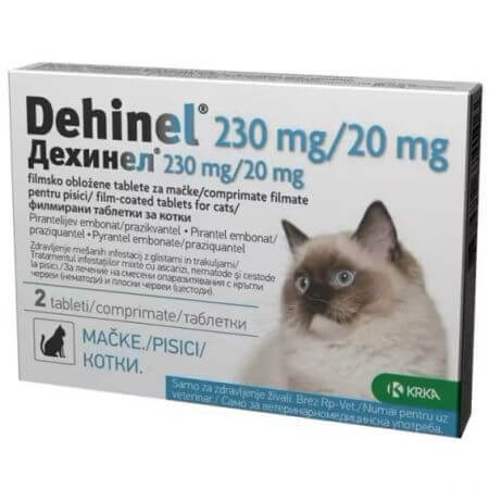 Dehinel inwendig antiparasiticum voor katten, 230 mg/20 mg, 2 filmomhulde tabletten, KRKA