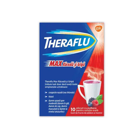 Theraflu Max Erkältung und Grippe mit Beeren- und Mentholgeschmack, 10 Portionsbeutel, GSK