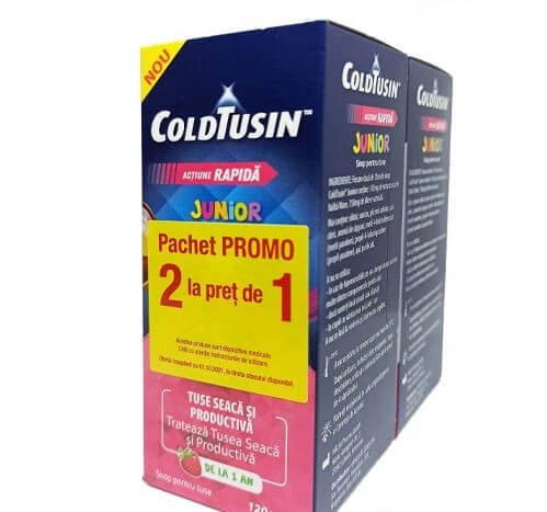 Coldtusin Junior, Snelwerkende hoestsiroop met natuurlijke ingrediënten, Perrigo, 2x 120 ml