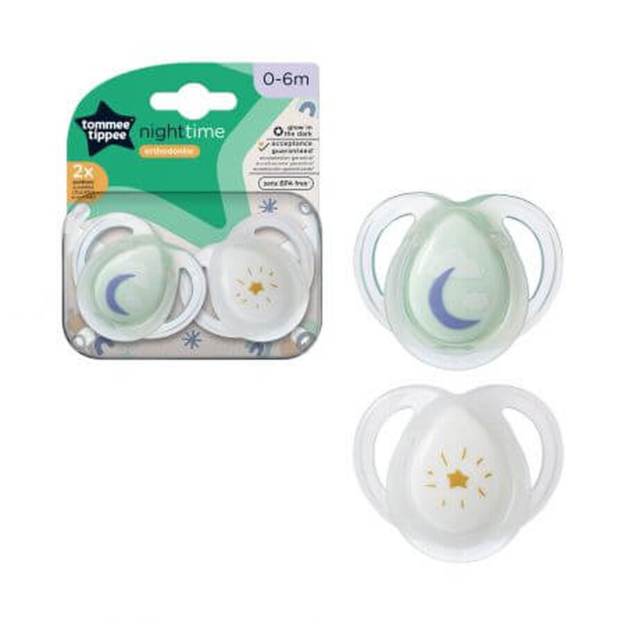 Sucettes de nuit orthodontiques, 0 - 6 mois, blanc / vert, 2 pièces, Tommee Tippee