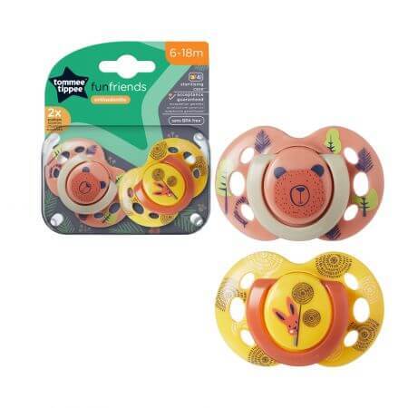 Fun orthodontic soothers, 6 - 18 months, Orange / Yellow, 2 pcs, Tommee Tippee