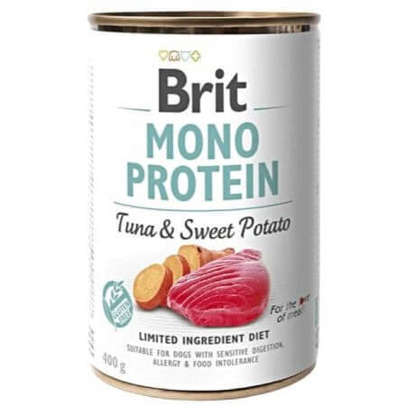 Hundenassfutter mit Thunfisch und Süßkartoffel Mono Protein, 400 g, Brit