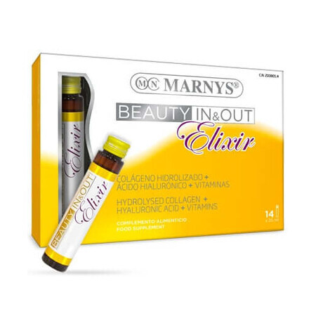 Beauty In & Out Elixir - Collagène hydrolysé de type 1 avec 5000 mg + Acide Hyaluronique + Pépins de Raisin + Biotine + Vitamines + Minéraux - 14 ampoules