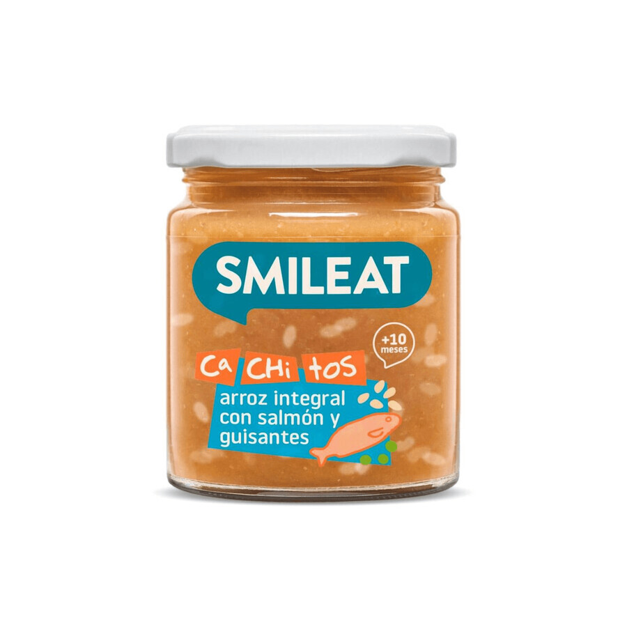 Mancare Bio din somon, mazare si orez integral, +10 luni, 230 g, Smileat