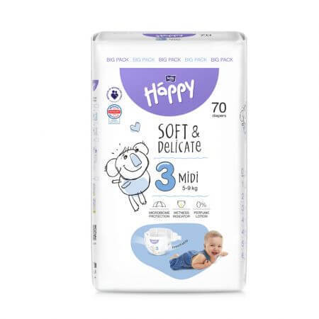 Diaper Midi, No. 3, 5 - 9 kg, 70 pcs, Happy