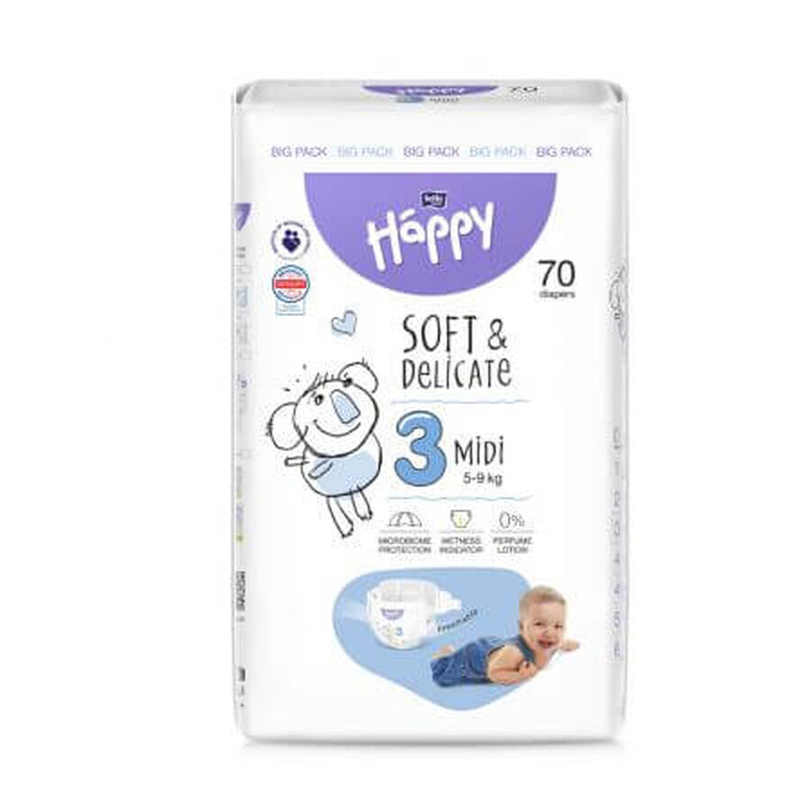 Diaper Midi, No. 3, 5 - 9 kg, 70 pcs, Happy