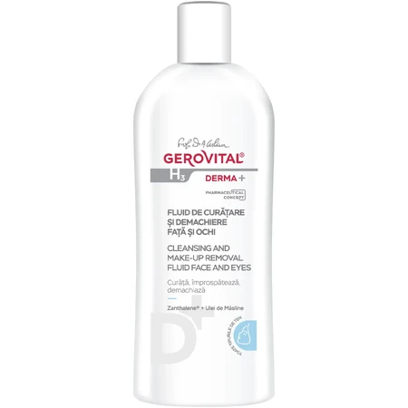 Gerovital H3 Derma+ fluide nettoyant et démaquillant pour le visage et les yeux, 200 ml, Farmec