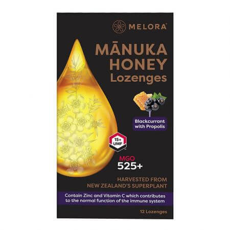 Gotas de Miel de Manuka con Casis y Propóleo, 12 piezas, Melora