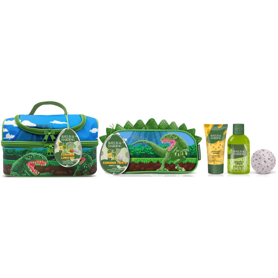 Dinosaurier-Set: Dinosaurier-Lunchbag, Badeschwamm in Dinosaurierform, Badeschaum, 100 ml, Badekugel mit Sprudel, 4 Kugeln x 20 g, Shampoo, 30 ml, BAYLIS & HARDING