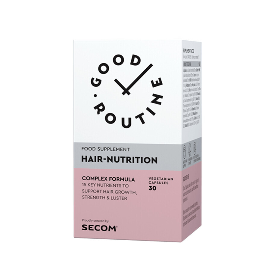 Supplement ter ondersteuning van de groei van kracht, hydratatie en elasticiteit van het haar Hair Nutrition Good Routine, 30 vegetarische capsules, Secom