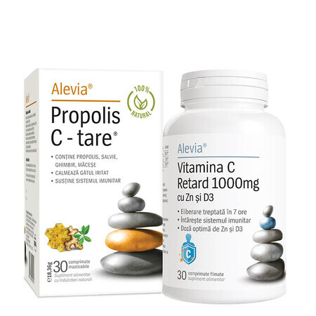 Propolis C Hard 100% Natural 30 tablets + Vitamin C 1000 mg Delayed with Zn and D3 30 tablets, Alevia