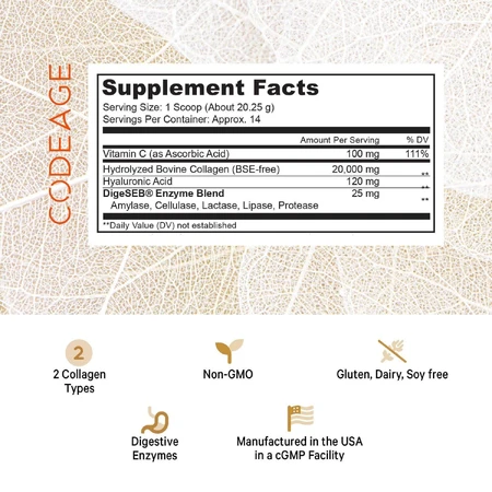 Codeage Collagen Vitamin C+, Colágeno hidrolizado con vitamina C y ácido hialurónico, 283 g, GNC