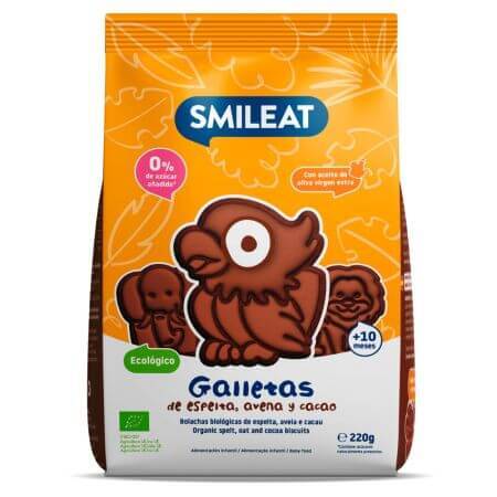 Biscuiti BIO in forma de animalute, din grau spelta si cacao, +10 luni, 220 g, Smileat