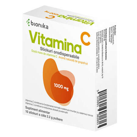 Vitamine C, 1000 mg, 10 sticks de poudre orodispersible, Bionika