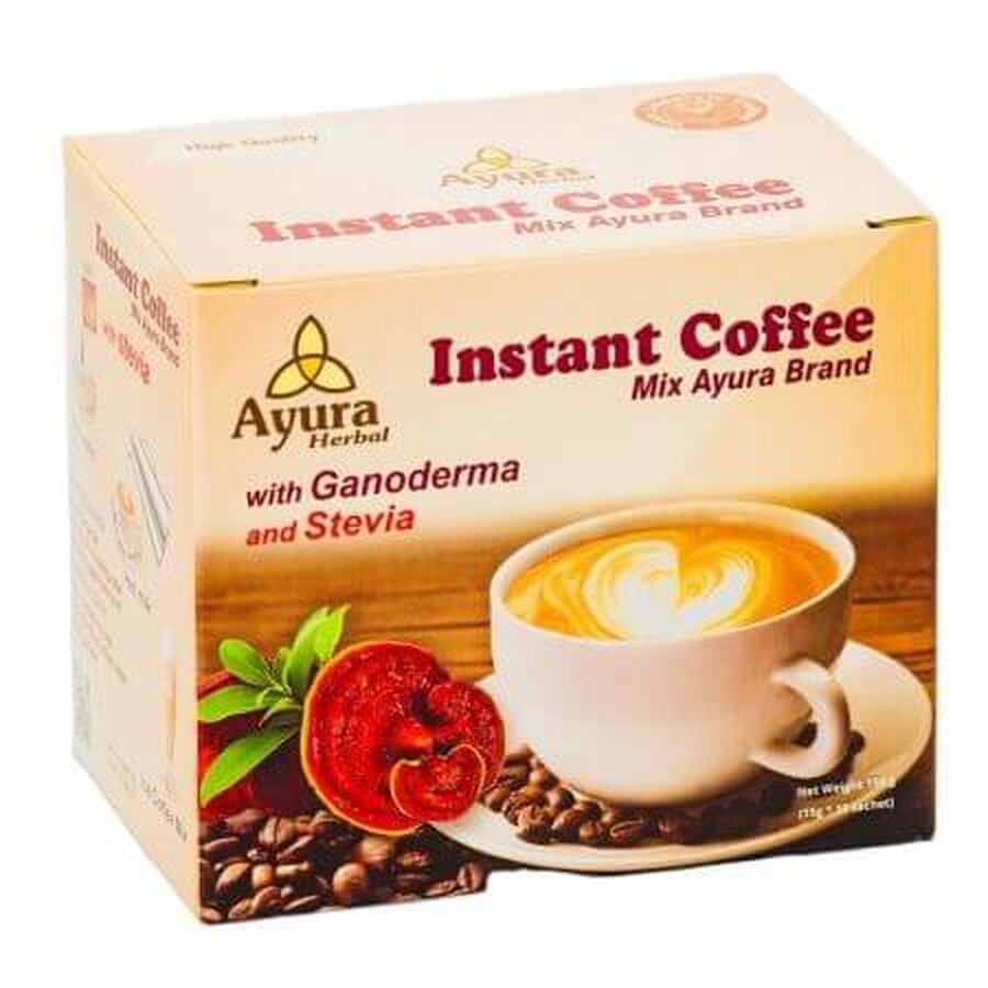 Koffie met ganoderma en stevia instant koffiemix, 10 builtjes, Ayura Herbal