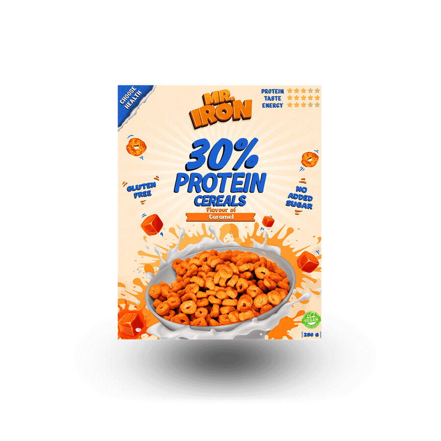 Cereali proteici al caramello salato, vegani, senza zucchero e senza glutine, 250 g, Mister Iron