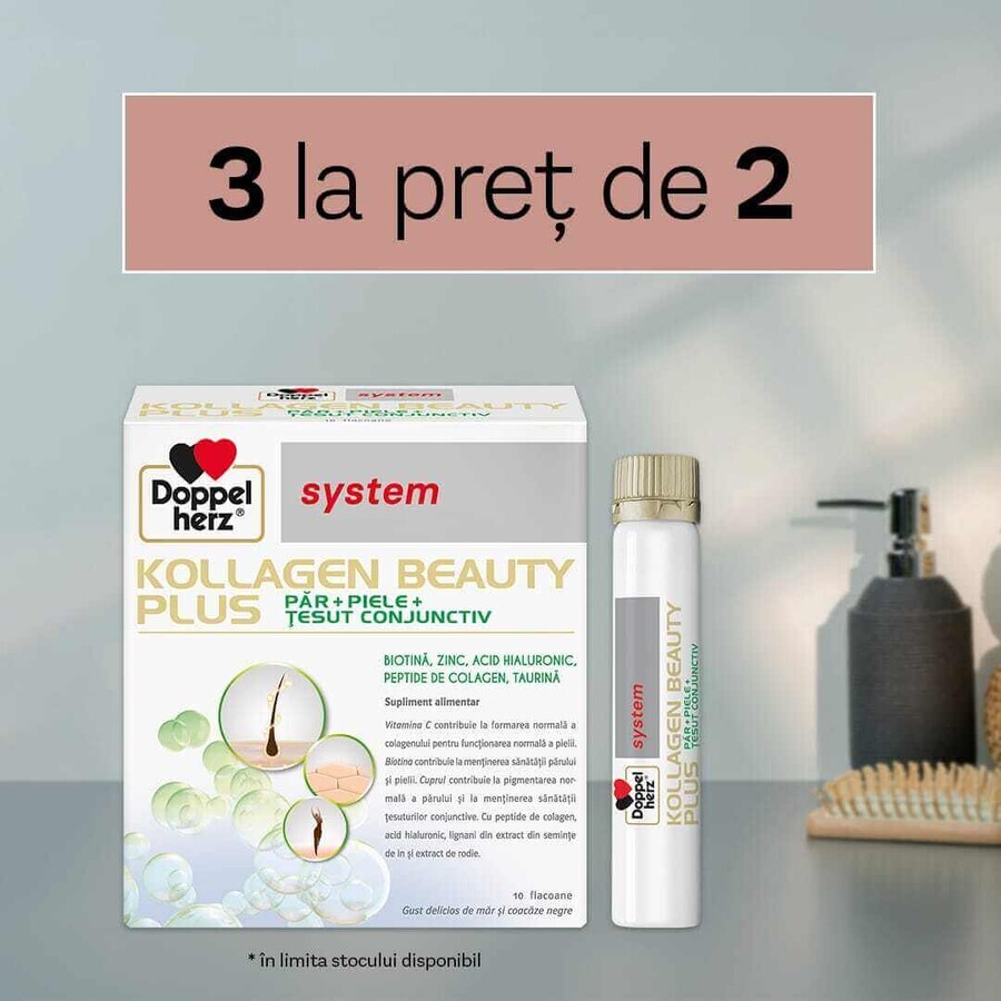 Kollagen Beauty Plus System for Hair and Skin with Biotin and Hyaluronic Acid, 30 doses for the price of 20 doses, Doppelherz