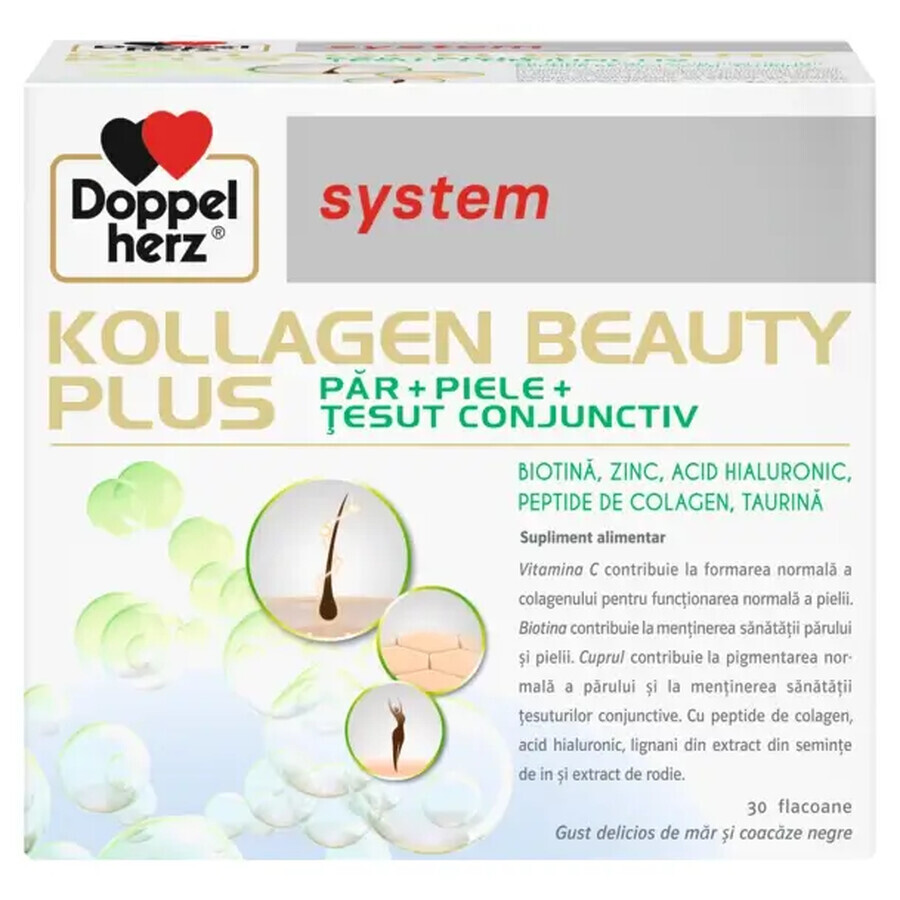 Kollagen Beauty Plus System for Hair and Skin with Biotin and Hyaluronic Acid, 30 doses for the price of 20 doses, Doppelherz