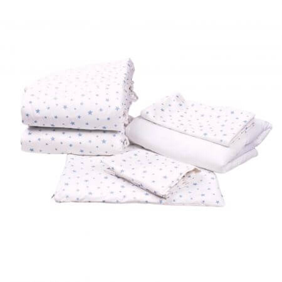 Set complet de lenjerie si aparatori pentru patut, 120 x 60 cm, model Stelute Bleu, Fic Baby