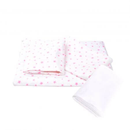 Beddengoed set met 3 stuks voor wieg + waterdichte beschermer, 120x60cm, Pink Stars, Fic Baby