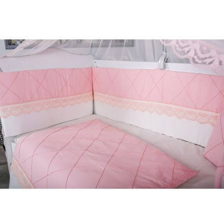 Juego de cama para cuna con dosel Squars, 11 piezas, blanco-rosa, 120×60 cm, MyKids