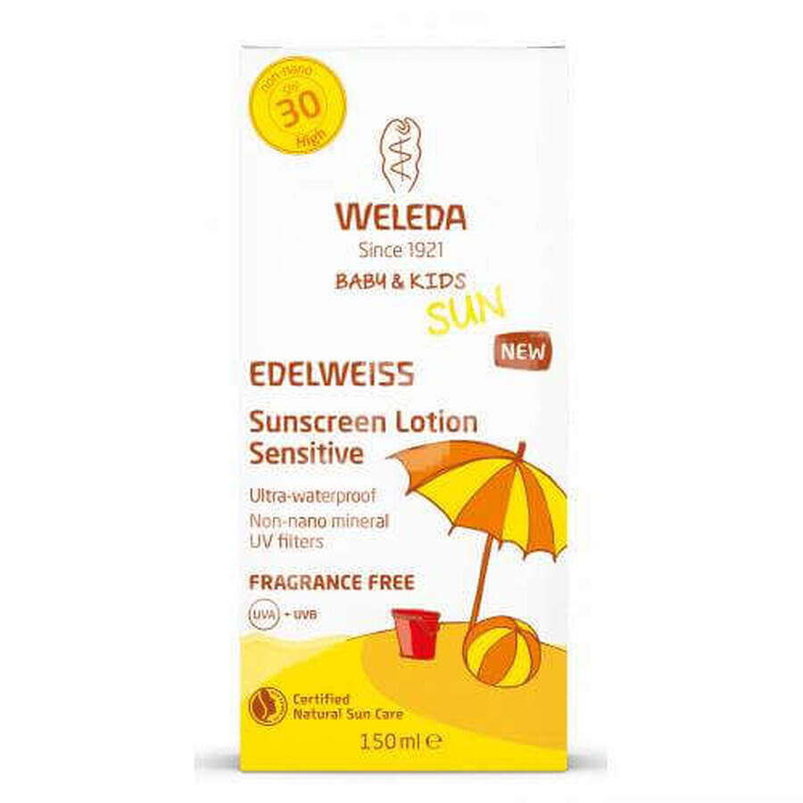 Lozione solare al fiordaliso per bambini SPF 30 Sensitive Sun, 150 ml, Weleda 