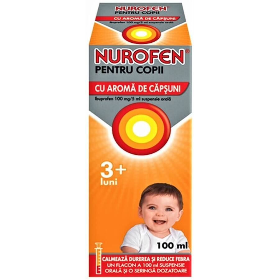 Nurofen 100 mg pentru copii 3+ luni, aromă de căpșuni, 100 ml, Reckitt Benckiser Healthcare