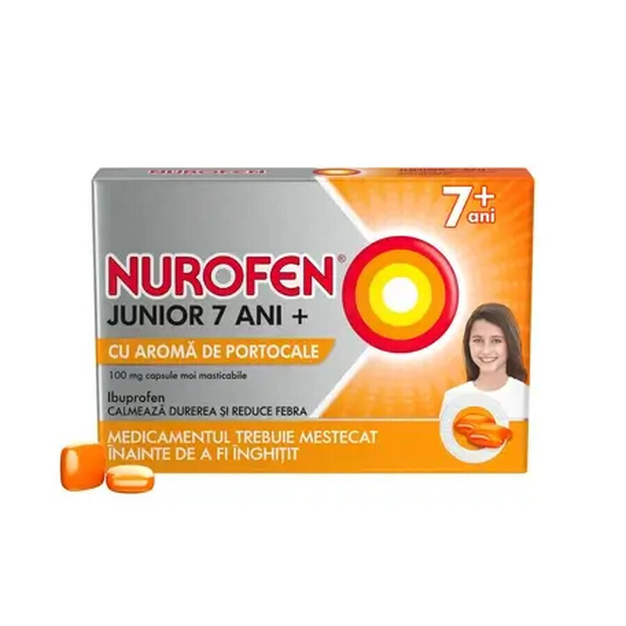 Nurofen Junior  7 ani+ 100 mg cu aromă de portocale, 12 capsule, Reckitt Benckiser