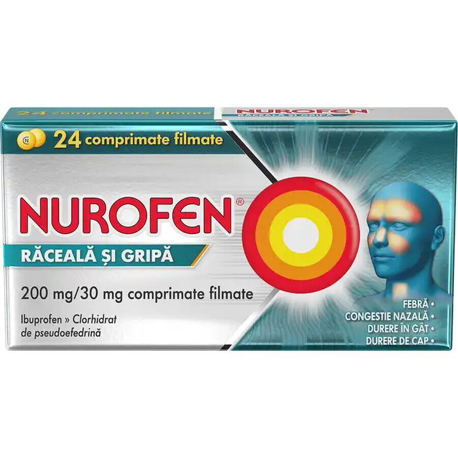 Nurofen Influenza e Raffreddore 200 mg + 30 mg, 24 compresse rivestite, Reckitt Benckiser