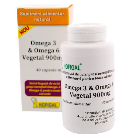 Omega 3 & Omega 6 vegetal, 900 mg, 40 capsule, Hofigal