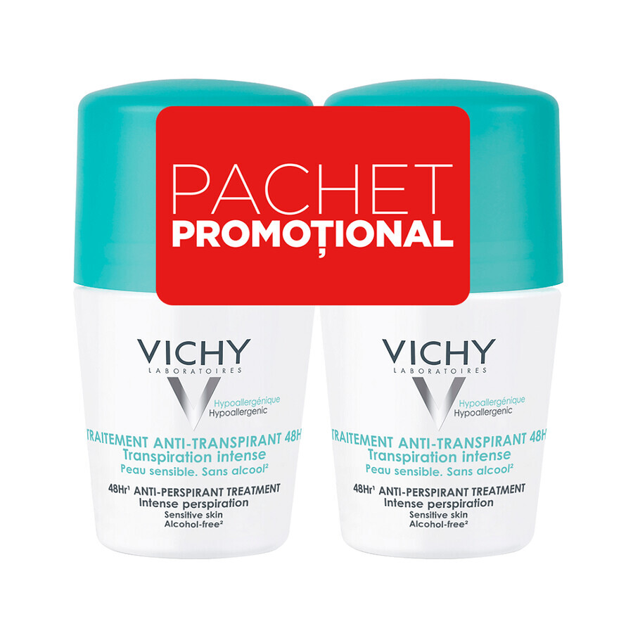 Vichy 48h Antiperspirant Déodorant Roll-On avec Parfum, 50 ml + 50 ml