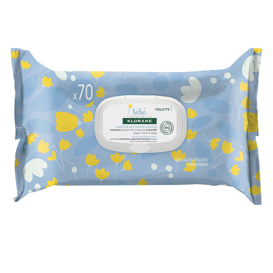 Baby Soothing Wet Wipes Package, 70 pieces + 70 pieces, Klorane Baby (50% discount on the second product)