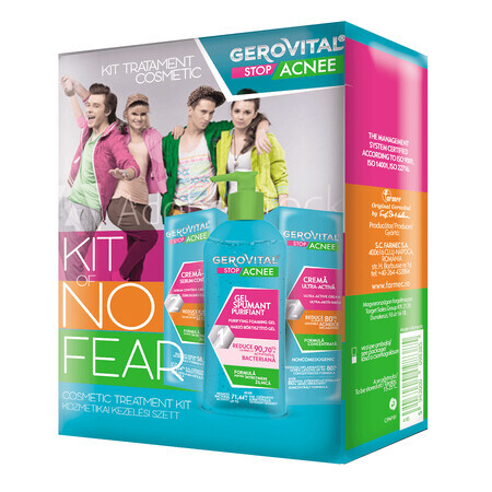 Gerovital Stop Acné Gel Moussant Purifiant, 150 ml + Crème-Gel Anti-Sébum, 50 ml + Crème Ultra-Active, 15 ml, Farmec